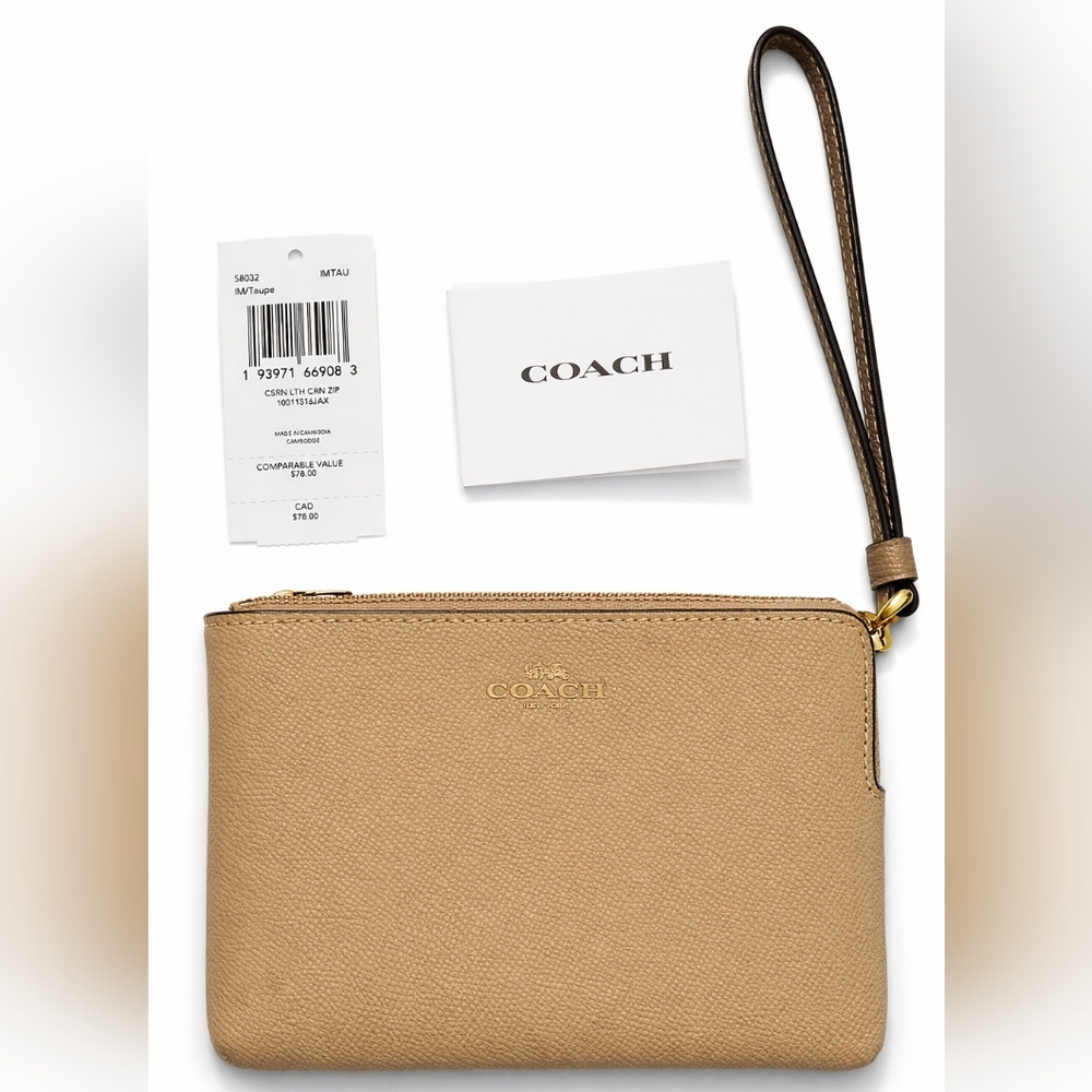 Coach Corner Zip Wristlet IM/Taupe NWT | Pebbled Leather | Gold Hardware